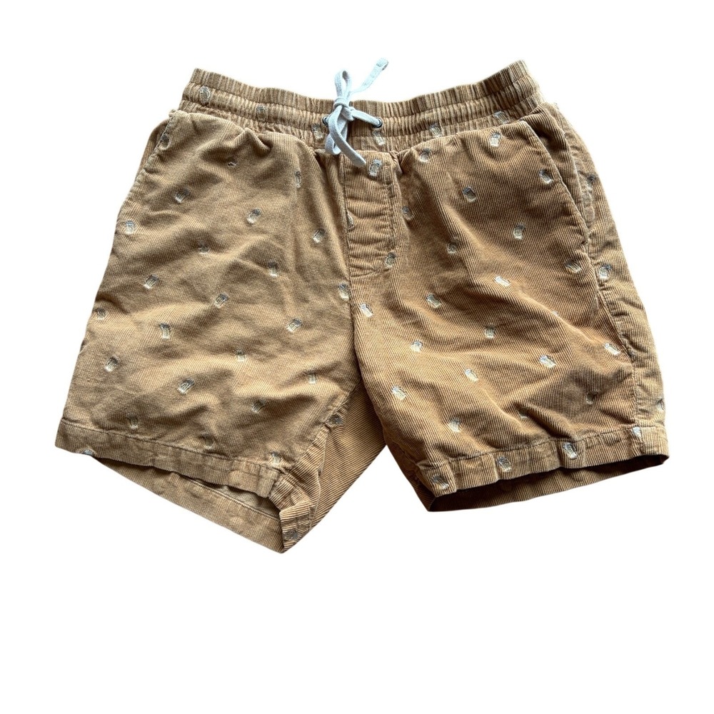 Criquet Men Small Brown Corduroy Beer Mug Print Elastic Waist Shorts‎ Drawstring
